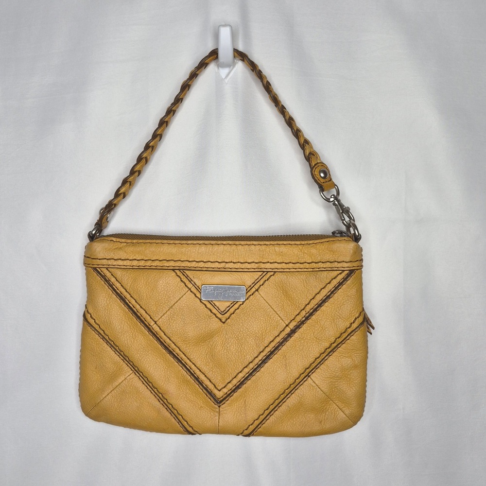 VTG Fossil Fifty Four Yellow Leather Braided Strap Clutch Bag Chevron